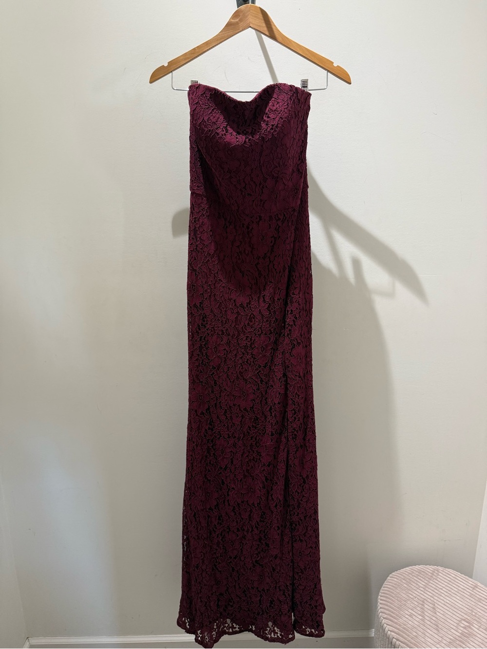 Strapless Lace Evening Gown in Burgundy